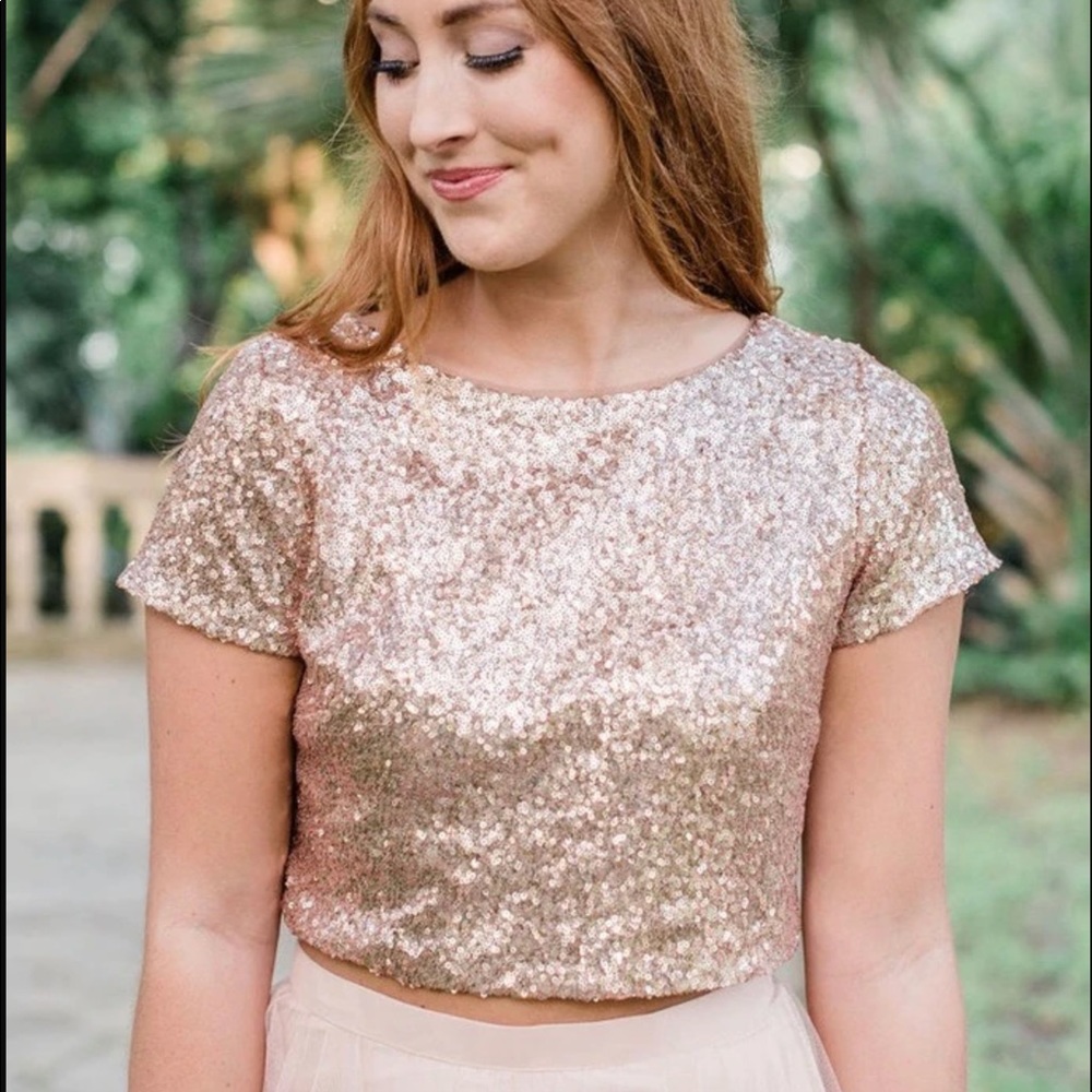 Revelry Bandie Sequin Crop Top Rose Gold